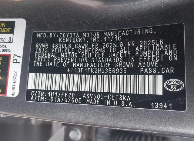 4T1BF1FK2HU356939 2017 2017 Toyota Camry- Le/Xle/Se/Xse 9