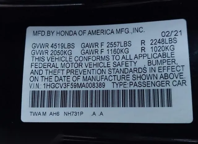 1HGCV3F59MA008389 2021 2021 Honda Accord- Hybrid Ex-L 9