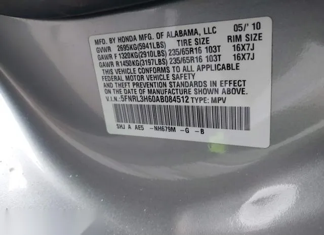 5FNRL3H60AB084512 2010 2010 Honda Odyssey- Ex-L 9