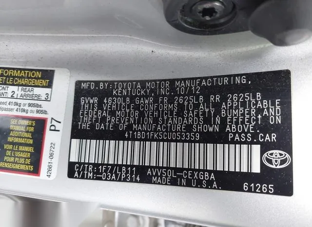 4T1BD1FK5CU053359 2012 2012 Toyota Camry- Hybrid Xle 9