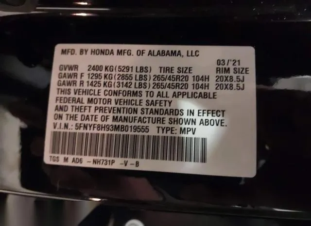 5FNYF8H93MB019555 2021 2021 Honda Passport- Awd Touring 9