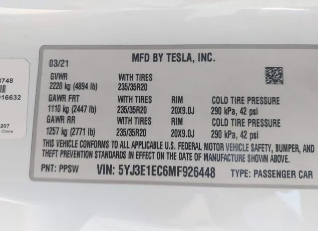 5YJ3E1EC6MF926448 2021 2021 Tesla Model 3- Performance Dual 9