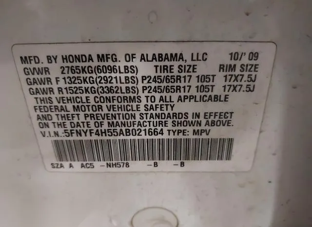 5FNYF4H55AB021664 2010 2010 Honda Pilot- Ex-L 9