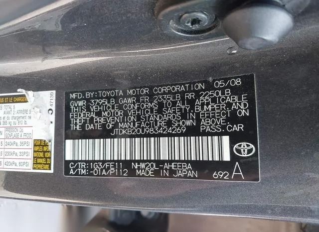 JTDKB20U983424269 2008 2008 Toyota Prius 9