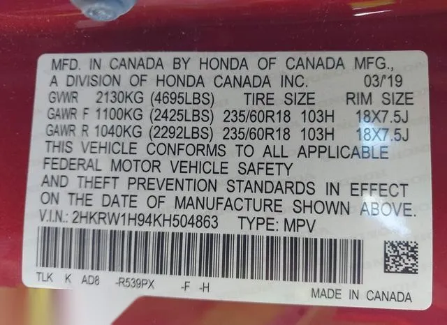 2HKRW1H94KH504863 2019 2019 Honda CR-V- Touring 9