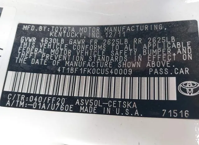 4T1BF1FK0CU540009 2012 2012 Toyota Camry- SE 9