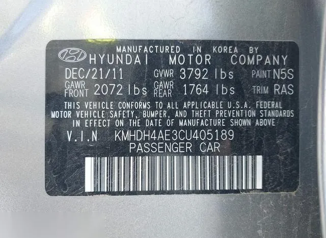 KMHDH4AE3CU405189 2012 2012 Hyundai Elantra- Gls -ulsan Plant- 9