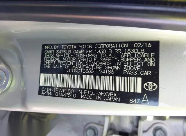 JTDKDTB38G1124186 2016 2016 Toyota Prius- C One 9