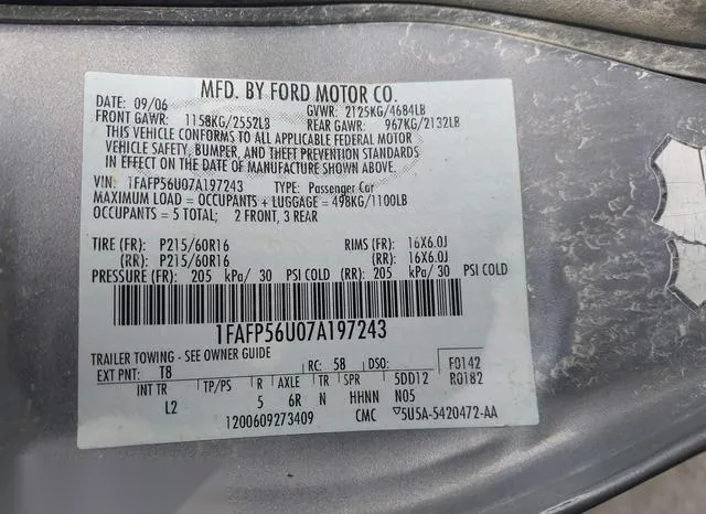 1FAFP56U07A197243 2007 2007 Ford Taurus- Sel 9