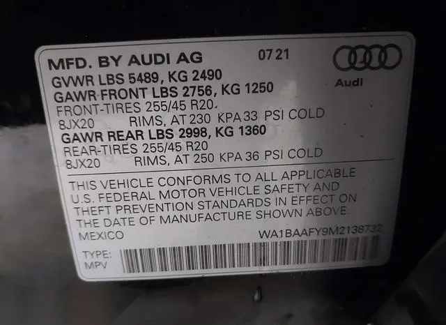 WA1BAAFY9M2138732 2021 2021 Audi Q5- Premium Plus 45 Tfsi Q 9