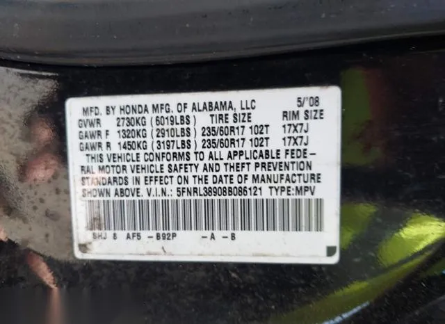 5FNRL38908B086121 2008 2008 Honda Odyssey- Touring 9