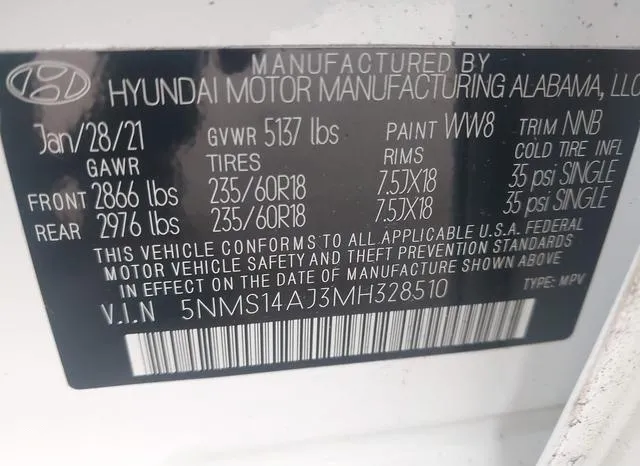 5NMS14AJ3MH328510 2021 2021 Hyundai Santa Fe- SE 9