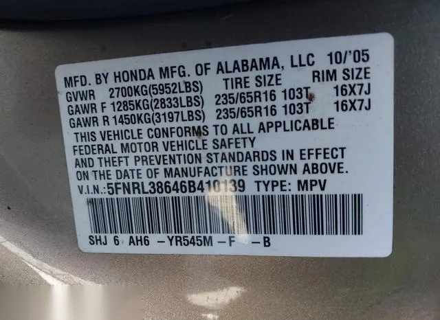 5FNRL38646B410139 2006 2006 Honda Odyssey- Ex-L 9