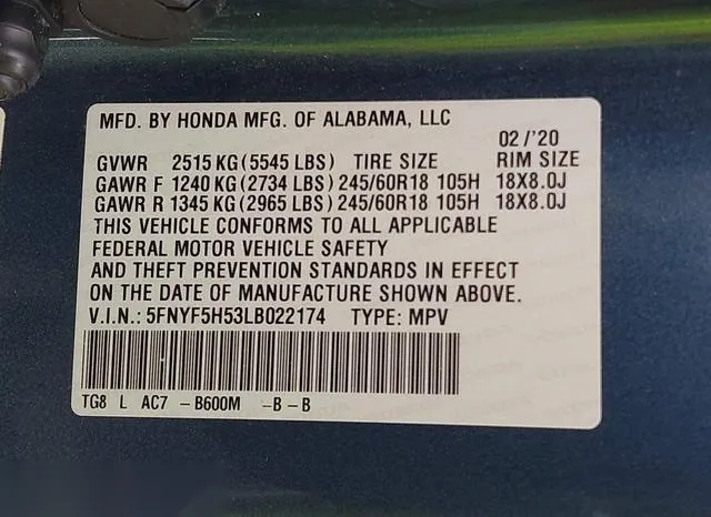 5FNYF5H53LB022174 2020 2020 Honda Pilot- 2Wd Ex-L 9