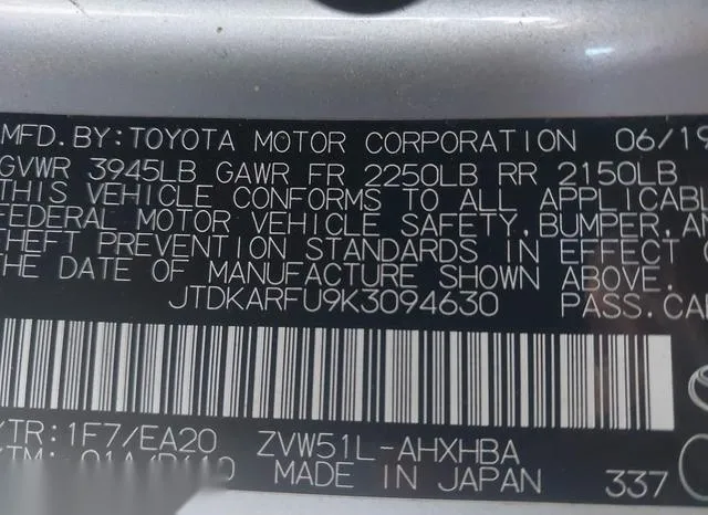 JTDKARFU9K3094630 2019 2019 Toyota Prius- Xle 9