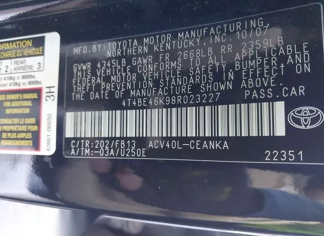 4T4BE46K98R023227 2008 2008 Toyota Camry 9