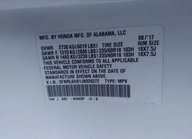 5FNRL6H81JB028372 2018 2018 Honda Odyssey- Touring 9