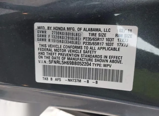 5FNRL5H69BB052204 2011 2011 Honda Odyssey- Ex-L 9