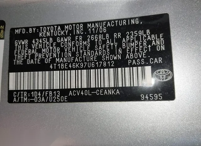 4T1BE46K97U617812 2007 2007 Toyota Camry- LE 9