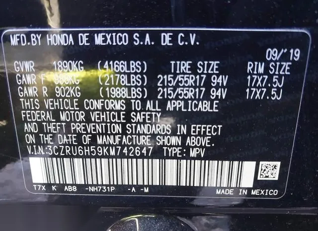 3CZRU6H59KM742647 2019 2019 Honda HR-V- EX 9