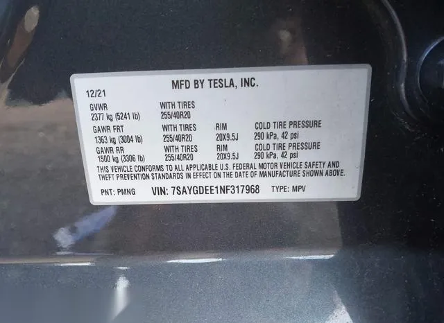 7SAYGDEE1NF317968 2022 2022 Tesla Model Y- Long Range Dual 9