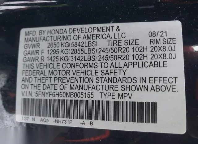 5FNYF6H60NB005155 2022 2022 Honda Pilot- Awd Touring 7 Pass 9