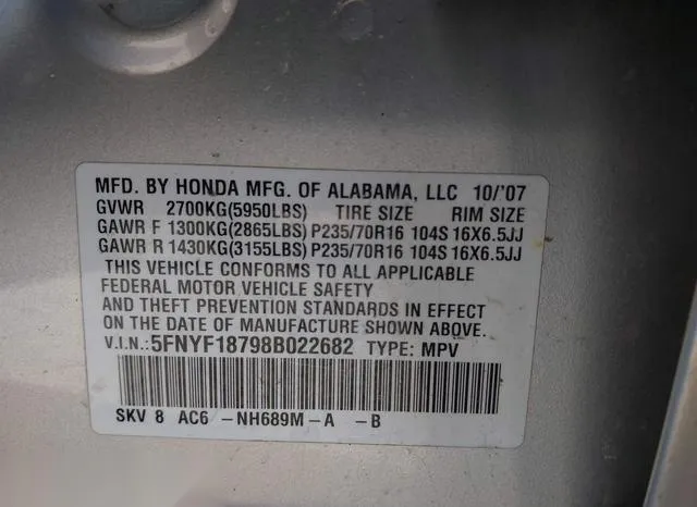 5FNYF18798B022682 2008 2008 Honda Pilot- Ex-L 9