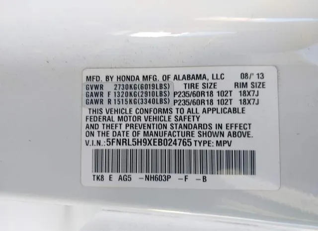 5FNRL5H9XEB024765 2014 2014 Honda Odyssey- Touring/Touring 9