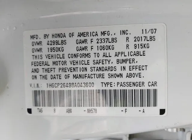 1HGCP26498A043600 2008 2008 Honda Accord- 2-4 Lx-P 9