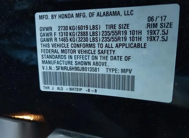 5FNRL6H90JB013581 2018 2018 Honda Odyssey- Elite 9