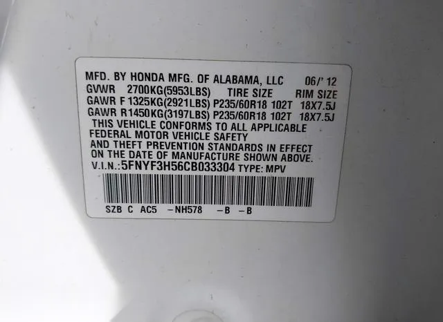 5FNYF3H56CB033304 2012 2012 Honda Pilot- Ex-L 9