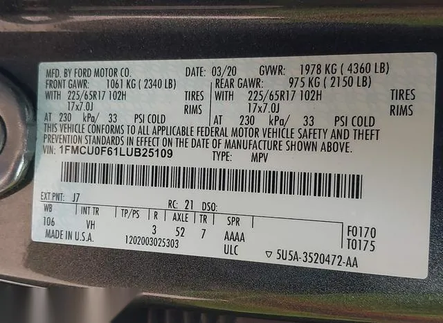 1FMCU0F61LUB25109 2020 2020 Ford Escape- S 9