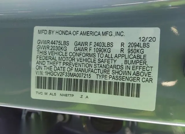 1HGCV2F33MA007215 2021 2021 Honda Accord- Sport 2-0T 9