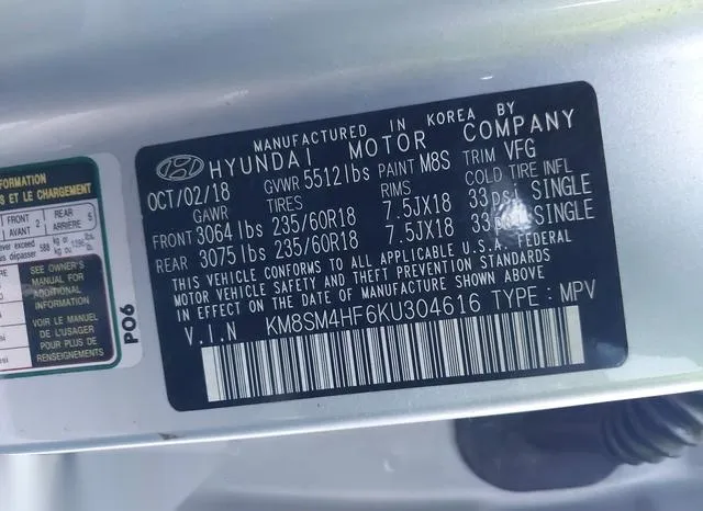 KM8SM4HF6KU304616 2019 2019 Hyundai Santa Fe- XI SE 9