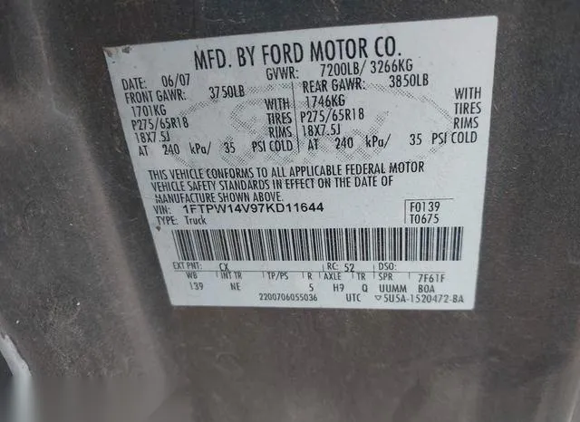 1FTPW14V97KD11644 2007 2007 Ford F-150- Fx4/Lariat/Xlt 9