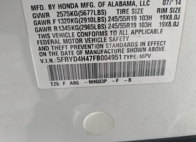 5FRYD4H47FB004951 2015 2015 Acura MDX- Technology Package 9