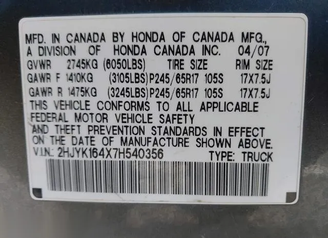 2HJYK164X7H540356 2007 2007 Honda Ridgeline- Rts 9