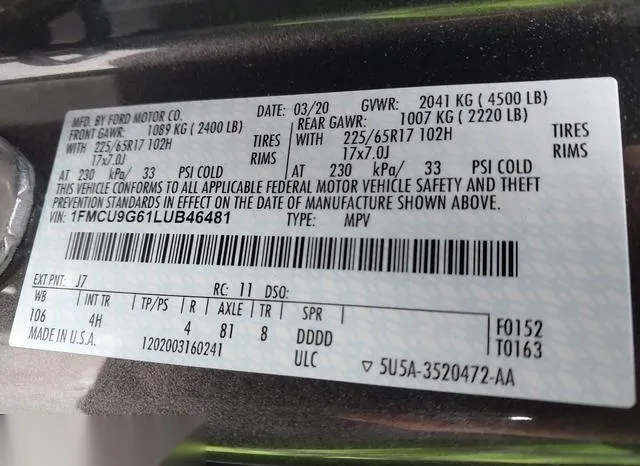 1FMCU9G61LUB46481 2020 2020 Ford Escape- SE 9