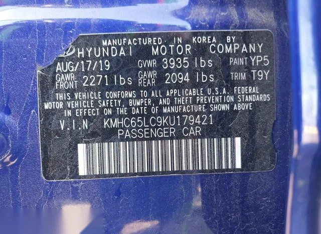 KMHC65LC9KU179421 2019 2019 Hyundai Ioniq- Hybrid Blue 9