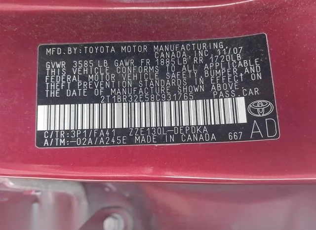 2T1BR32E58C931765 2008 2008 Toyota Corolla- CE 9