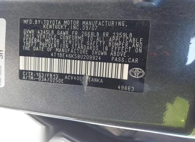 4T1BE46K58U209924 2008 2008 Toyota Camry- LE 9