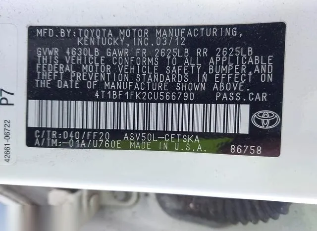 4T1BF1FK2CU566790 2012 2012 Toyota Camry- SE 9