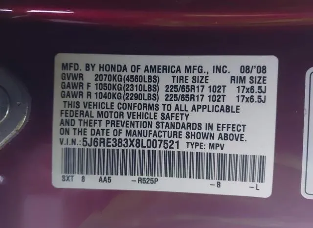 5J6RE383X8L007521 2008 2008 Honda CR-V- LX 9