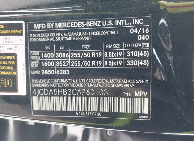 4JGDA5HB3GA760103 2016 2016 Mercedes-Benz GLE 350- 4Matic 9