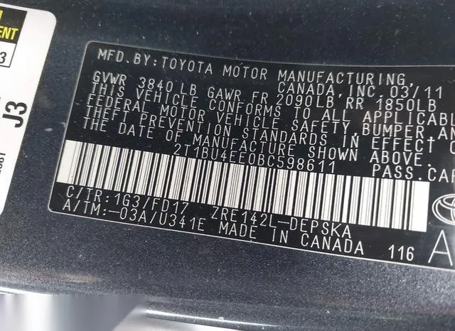 2T1BU4EE0BC598611 2011 2011 Toyota Corolla- S 9