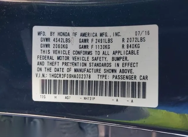 1HGCR3F09HA002378 2017 2017 Honda Accord- Ex-L V6 9