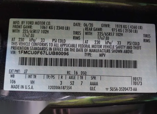 1FMCU0F67LUB80096 2020 2020 Ford Escape- S 9