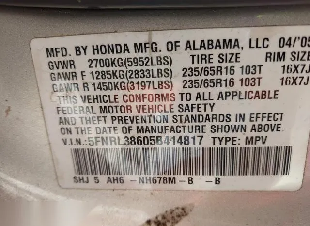 5FNRL38605B414817 2005 2005 Honda Odyssey- Ex-L 9