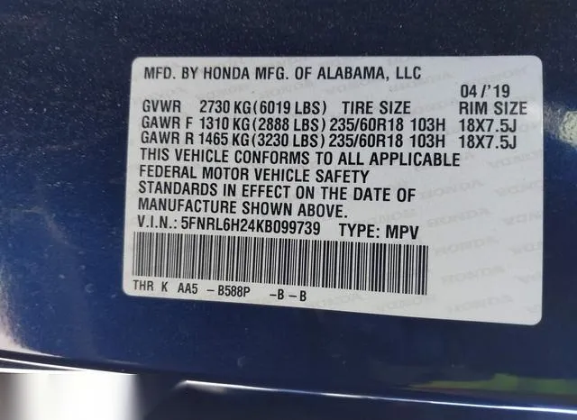 5FNRL6H24KB099739 2019 2019 Honda Odyssey- LX 9