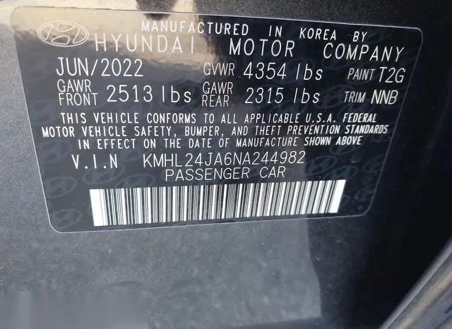 KMHL24JA6NA244982 2022 2022 Hyundai Sonata- SE 9